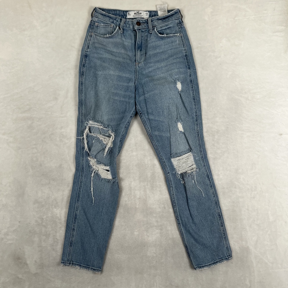 Hollister Curvy High-Rise Mom Jeans Womens 0R W24 L27 Blue Distressed Denim